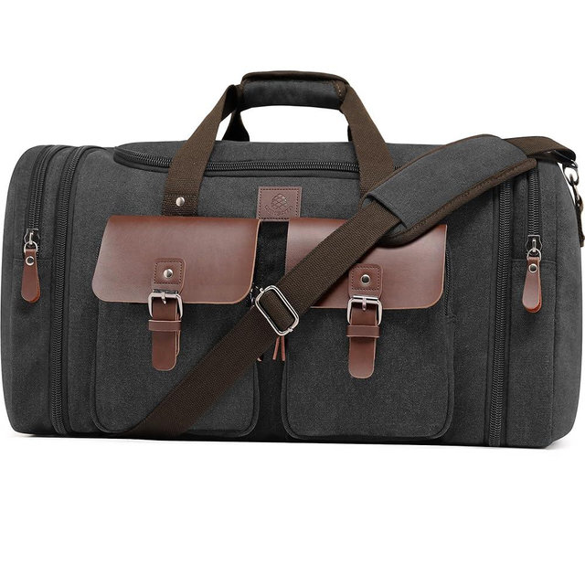 Densata Canvas Duffle Bag for Men 60L Travel Duffel Bags Expandable Genuine Leather Duffel Overnight Weekender Carry On Bag Two Zipper Pockets Travel Bag (Black, X Large-60L)