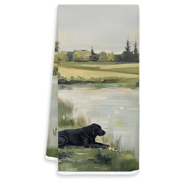 FOPENEM Vintage Black Labrador Kitchen Towels, Black Lab Gifts, Rustic Country Nature Landscape Decorative Hand Towels for Bathroom, Farmhouse Cottagecore Dog Dish Tea Towel Dish, 16x24 Inch
