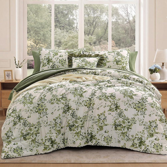 BLOOMHAVEN Full Comforter Set -7 Pieces Floral Green Bedding Set for All Seasons, Bed in a Bag with Botanical Flowers Comforter, Sheets, Pillowcases & Shams