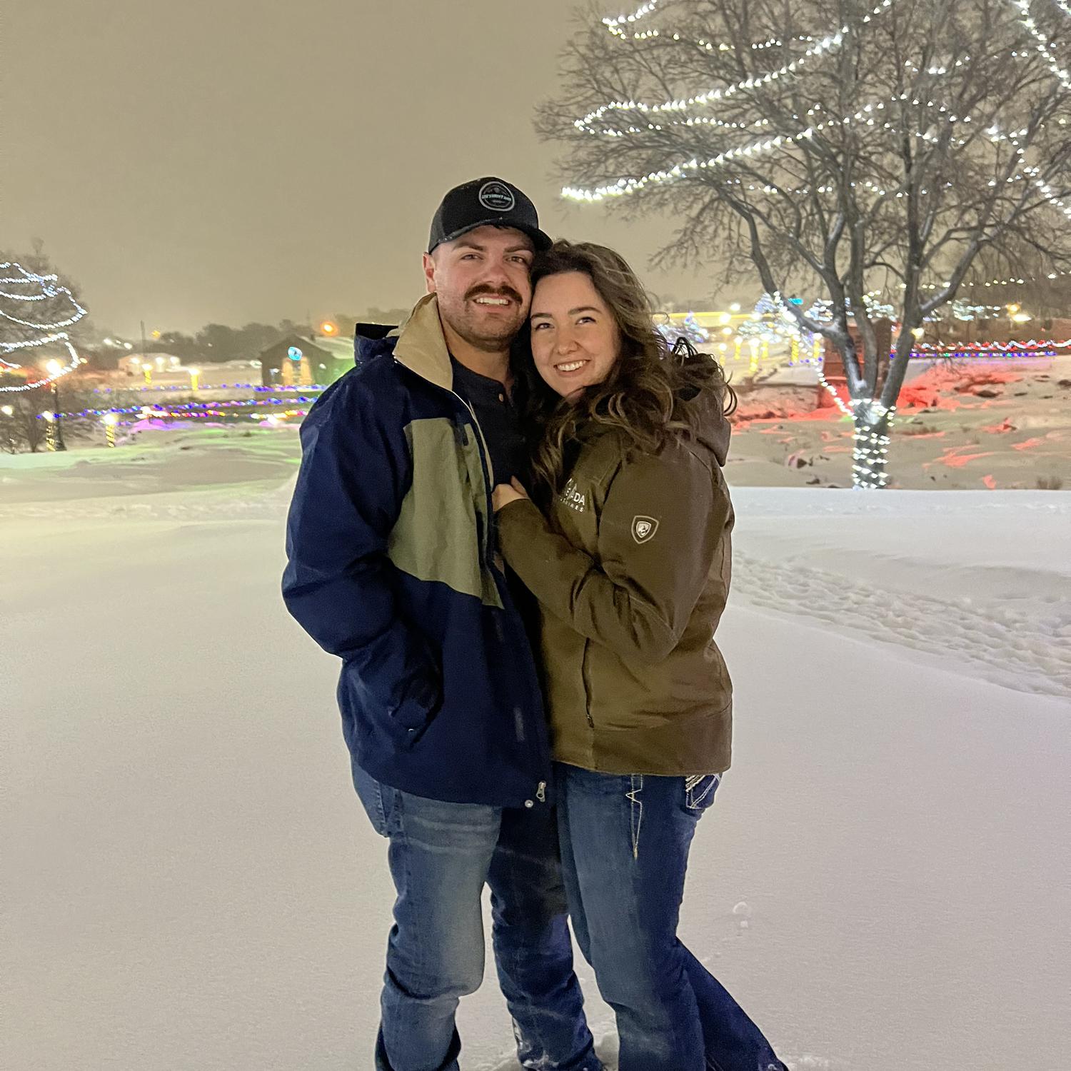Celebrated our first engagement anniversary seeing the lights at the Falls in Sioux Falls, SD in the snow.