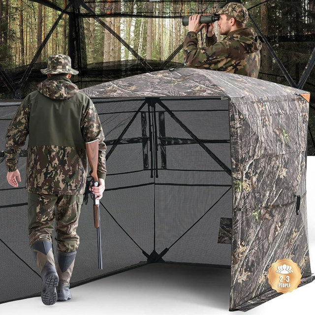 VEVOR Hunting Blind，See Through Ground Blinds with Carrying Bag, 360 Degree Portable Camouflage Tent，Durable Concealed Shelter with Silent Side Door and Window, for Turkey and Deer