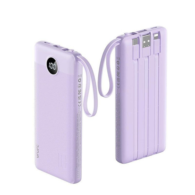 VRURC Portable Charger Power Bank, 10000mAh Travel Essentials Battery Pack, 5 Outputs 2 Inputs Slim Charging Bank Built-in Cables Cords for iPhone 17 16 15 14 13,Samsung,Android-Lavender(1 Pack)