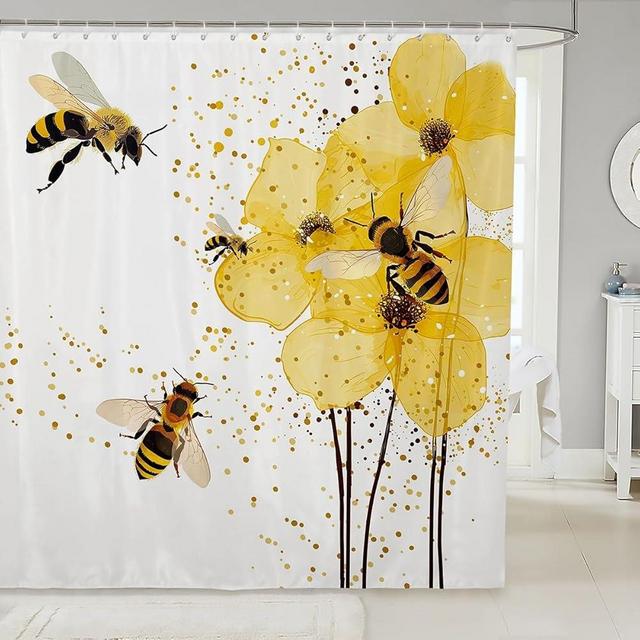 Manfei Kids Bee Shower Curtains Yellow Flower Floral Bathroom Curtains for Boys Girls Room Decor, Watercolor Dots Print Waterproof Bath Curtains with 12 Hooks Suits for Bathtub, 72" W x 78" L