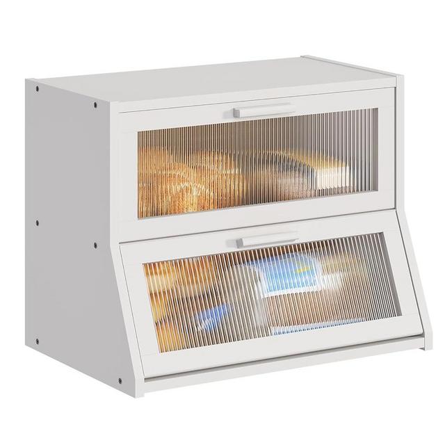 Large Bread Box Double Layer Bamboo Bread Box for Kitchen Counter Container Farmhouse Bread Holder Capacity Bread Storage Bin(White)