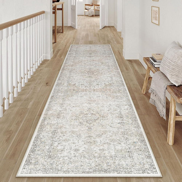 WondRg 2x8 Washable Vintage Runner Rug for Living Room Bedroom Beige Grey Soft Tranditional Non Slip Runner Rug Lightweight Floral Low Pile Distressed Runner Kitchen Hallway Bedroom