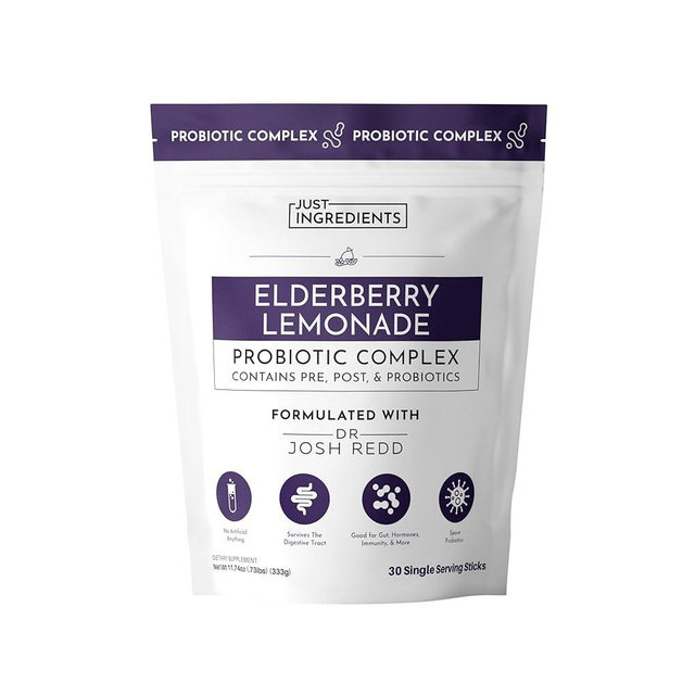 JUST INGREDIENTS Elderberry Lemonade 3-in-1 Probiotic Complex - Prebiotics, Probiotics & Postbiotics - 30 Sticks