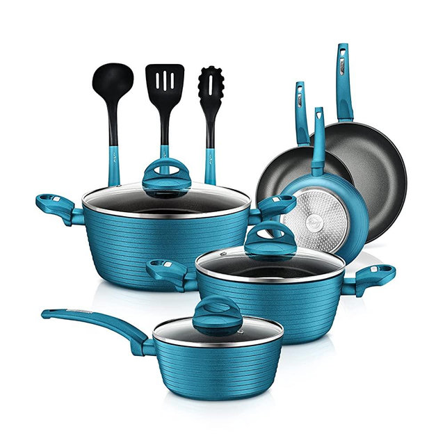 12-Piece Nonstick Kitchen Cookware Set - PTFE/PFOA/PFOS-Free Heat Resistant Lacquer Kitchen Ware Pots Pan Set Light Gray/Green - Saucepot, Pans, Cooking Pot Oven Pot, Lid, Utensil - NutriChef NCCW12GR