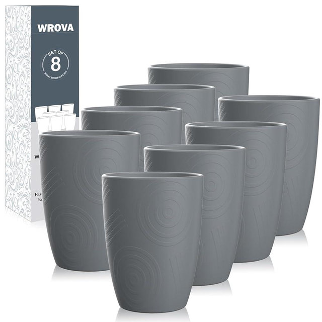 Wheat Straw Cups 8 PCS Good Alternative to Plastic Reusable Cups 12 oz Unbreakable Drinking Cup Reusable Dishwasher Safe Water Plastic Glasses Grey