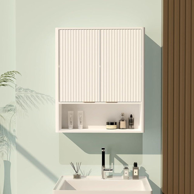 Lezyhaus Fluted Curved Bathroom Wall Cabinet,Over The Toilet Cabinet with Adjustable Shelf and 2 Doors,Wooden Medicine Cabinet for Laundry & Kitchen & Bathroom (White)
