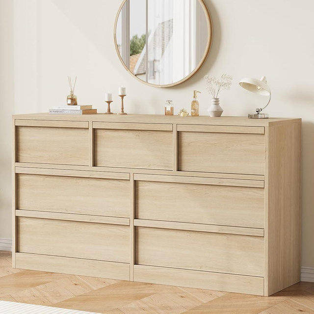 GarveeHome 7 Drawer Dresser for Bedroom, 54in Wide Natural Oak 7 Chest of Drawers with Large Storage, Wooden Dresser Organizer Closet for Living Room, Entryway, Nursery