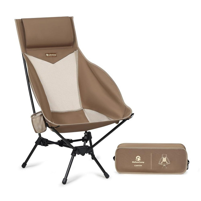 MellowCamp High Back Camping Chair, Oversized Comfort Design Collapsible Camp Chair with Pillow (Brown)