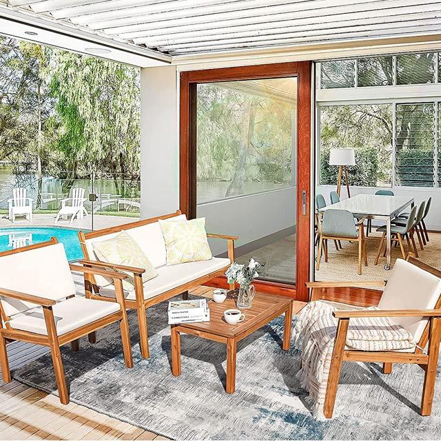 Flamaker Patio Furniture 4 Piece Outdoor Acacia Wood Patio Conversation Sofa Set with Table & Cushions Porch Furniture for Deck, Balcony, Backyard