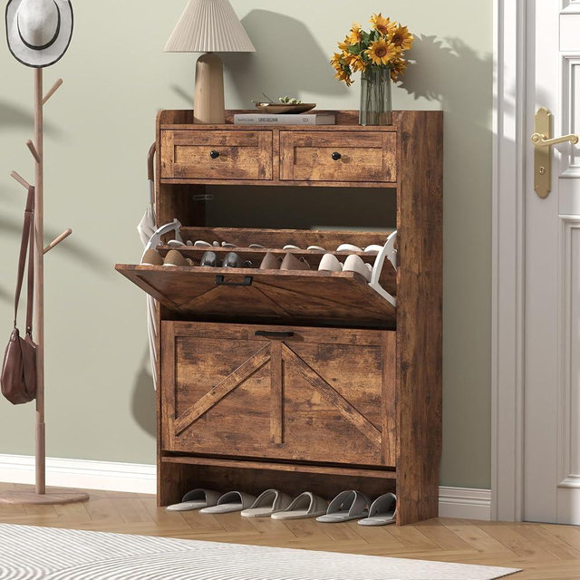 Thacuok Shoe Cabinet with 2 Flip Drawers & 2 Storage Drawers, Farmhouse Narrow Shoe Organizer Cabinet, Slim Shoe Rack Cabinet, Shoe Storage Cabinet for Entryway, Hallway, Front Door