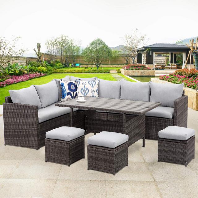 Wisteria Lane Patio Furniture Set,10 PCS Outdoor Conversation Set All Weather Wicker Sectional Sofa Couch Dining Table Chair with Ottoman,Grey