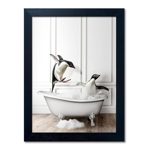 Kids Bathroom Wall Art Framed Black and White Animal Wall Art Cute Penguins in Bathtub Wall Decor Funny Farmhouse Print Pictures Painting for Bathroom