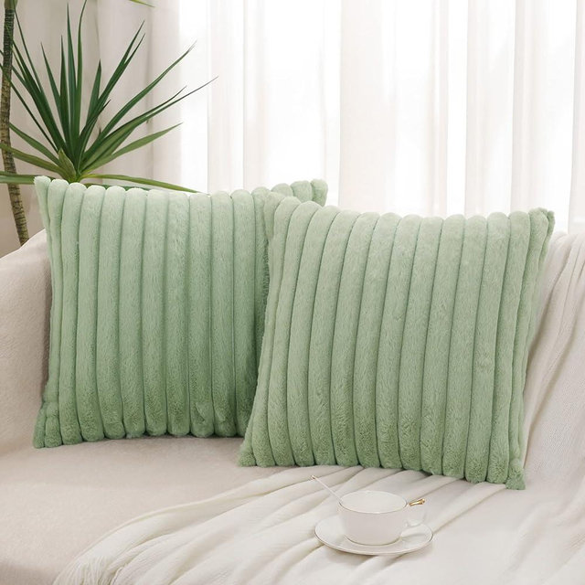 Pallene Faux Fur Plush Throw Pillow Covers 18x18 Set of 2 - Luxury Soft Fluffy Striped Decorative Pillow Covers for Sofa, Couch, Living Room - Sage Green