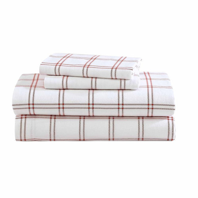 Eddie Bauer- Queen Sheet Set, Warm Breathable Cotton Flannel Bedding with Deep Pockets, Brushed for Extra Softness, Cozy Home Decor, Oeko-Tex Certified (Westridge Plaid Orange, Queen)