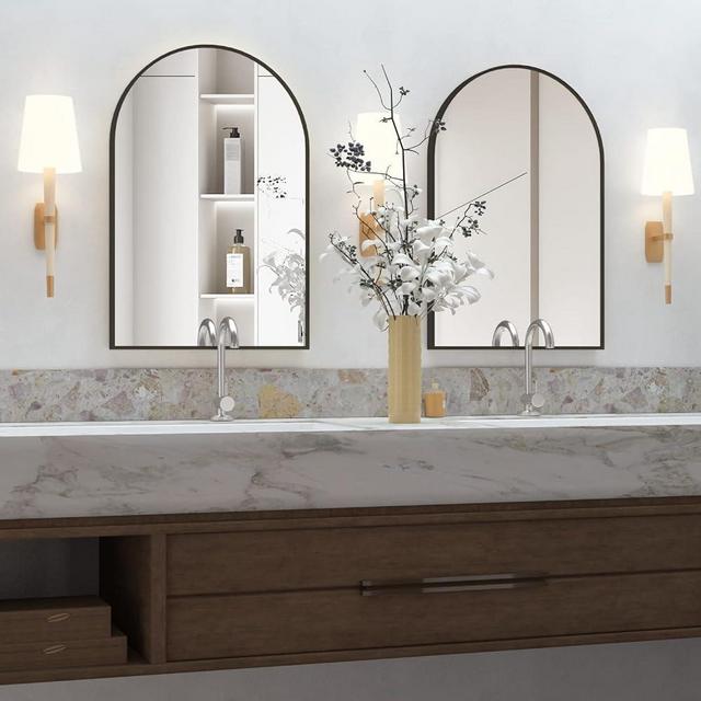 NEUWEABY Wall Mounted Mirror, Arched Wall Mirror for Bathroom, 20"x30" Arch Bathroom Mirror with Metal Frame, 2 Piece Black Vanity Mirror Decor for Mantle, Bedroom, Entryway