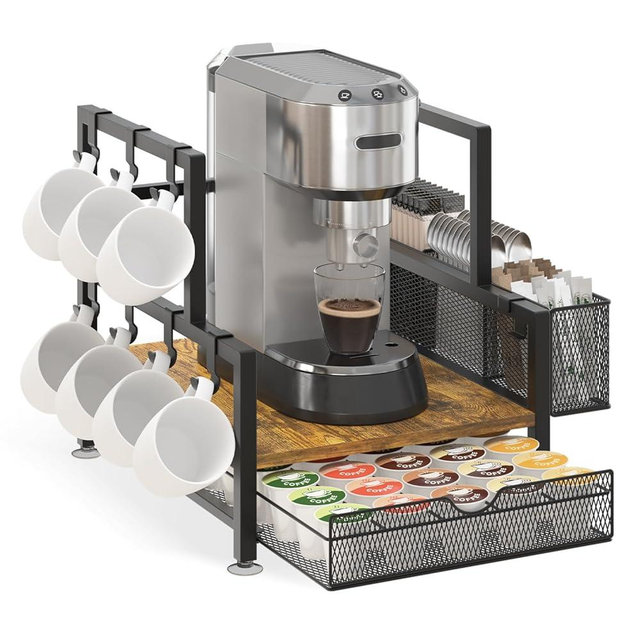 EsLuker.ly Coffee Bar Station Organizer with K Cup Drawer, Pod Holder Storage Rack with 7 Mug Hooks for Countertop, Wooden Coffee Machine Maker Stand for Home Office, Space-Saving for Coffee Lovers