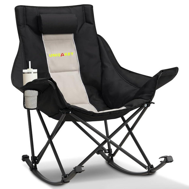 Unisakey Oversized Rocking Camping Chair with Headrest & Cup Holder - 400lbs Capacity, 600D Oxford Fabric, Easy Fold Portable Outdoor Rocker Chair for Camping, Backyard, Beach, Light Gray