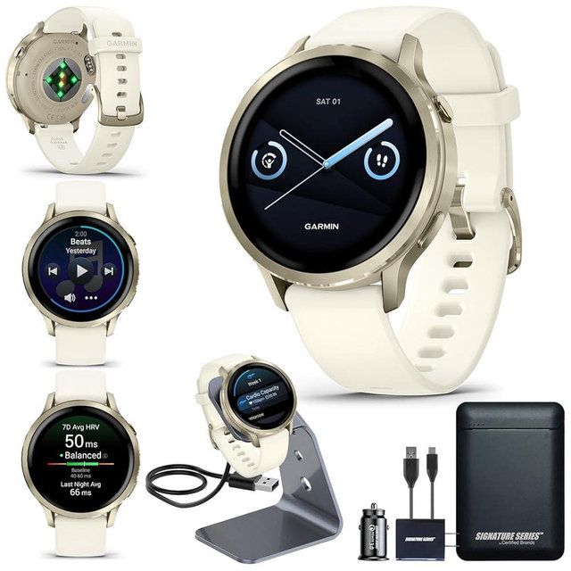 Garmin Venu 4, 41mm, Advanced Health & Fitness GPS Smartwatch, Bright & Colorful Display, Flashlight, 10 Days Battery Life | Lunar Gold with Bone Silicone Band, Signature Series Power Bundle