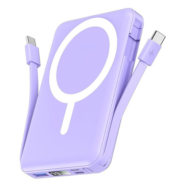 podoru for Magsafe Battery Pack, 10000mAh Magnetic Power Bank Built-in Double USB C Cables 22.5W PD Fast Charging LED Display Wireless Portable Charger for iPhone 17/16/15/14/13/12 Series-Purple