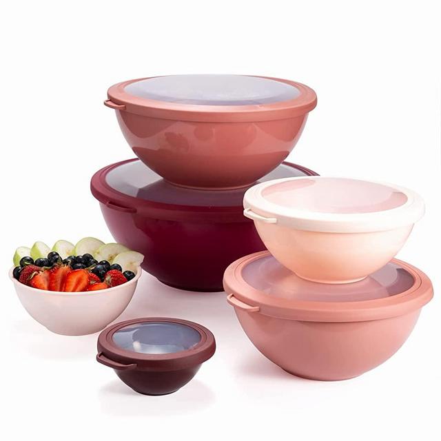 COOK WITH COLOR Mixing Bowls with TPR Lids - 12 Piece Plastic Nesting Bowls Set includes 6 Prep Bowls and 6 Lids, Microwave Safe Mixing Bowl Set (Rose)