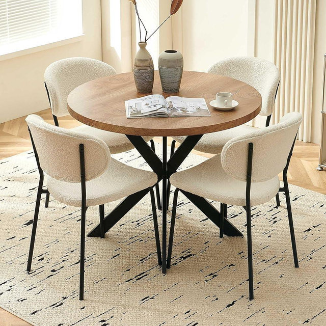 Homedot Round Dining Table Set for 4, Modern 5-Piece Kitchen Table Set, 37" Round MDF Living Coffee Table with 4 Seated Boucle Dining Chairs Upholstered, Metal Legs for Dining Hall, Living Room