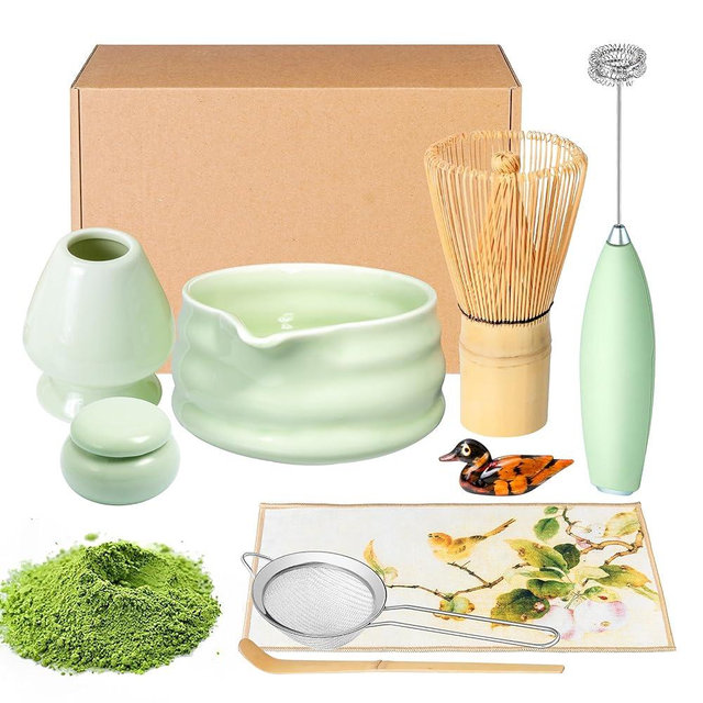 Matcha Whisk Set and Bowl, Matcha Making Kit Whisk, Bowl With Spout, Sifter, Ceramic Whisk Holder, Spoon Japanese Tea Powder Starter Tools For Ceremony Gift (Green, 9 Pack)