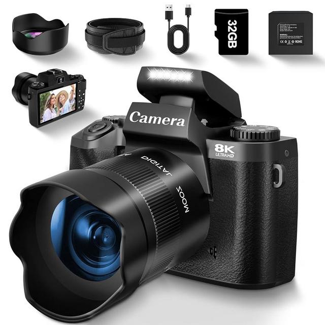 8K Digital Camera for Photography, Vlogging Camera for YouTube with Autofocus, WiFi Touchscreen 16X Digital Zoom Video Camera with 3000mAh Battery, Dual-Lens, Lens Hood, 32GB TF Card and Flash,Black