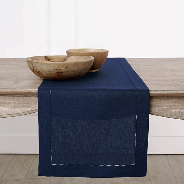 Solino Home 100% Pure Linen Hemstitch Table Runner - 14 x 48 Inch, Handcrafted from European Flax, Machine Washable Classic Hemstitch - Navy