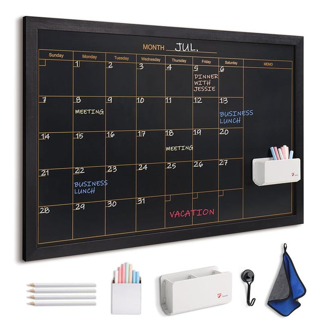 TOWON 36 x 24 in Wooden Black Frame Magnetic Chalkboard Calendar Wall, Monthly Planner & Organizer, 4 White Chalk Pencils + Color Chalk Set, Magnetic Hook, Wipe Cloth, Removable Tray for Home, Office