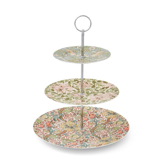 Spode Morris & Co 3-Tier Cake Stand with Metal Handle, Strawberry Thief & Honeysuckle Design | Porcelain | Centerpiece - Afternoon Tea Dessert Stand | Serving Cookies, Scones, Sandwiches, and More