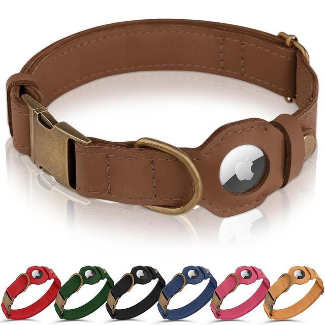 BUDKAS AirTag Dog Collar - Genuine Leather Dog Collar with Apple AirTag Holder and Metal Buckle - Smart GPS Tracking Pet Collars for Small Medium Large Dogs Puppy (Tawny, L, 17"-21" Neck Fit)