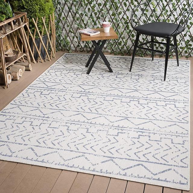Beverly Rug Waikiki Collection Indoor/Outdoor Trellis Area Rug, 6'7" X 9'0" - White/Blue - WKK20203
