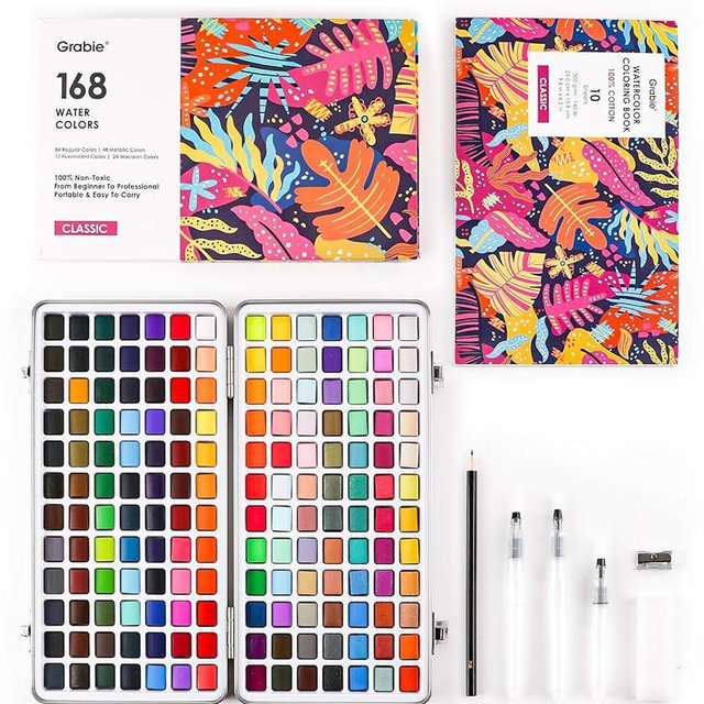 Grabie Watercolor Paint Set, Watercolor Paints, 168 Colors, Painting Set with Coloring Book, Water Brushes and Drawing Pencil, Art Supplies, Perfect Starter Kit for Watercolor Painting
