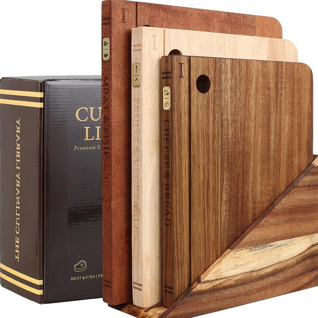 Wood Book Cutting Board Set with Stand, Wooden Cutting Boards for Kitchen,Knife Friendly Decorative Board that Look Like Books, Easy to Store & Clean,Unique Gift for Book Lovers & Home Cooks