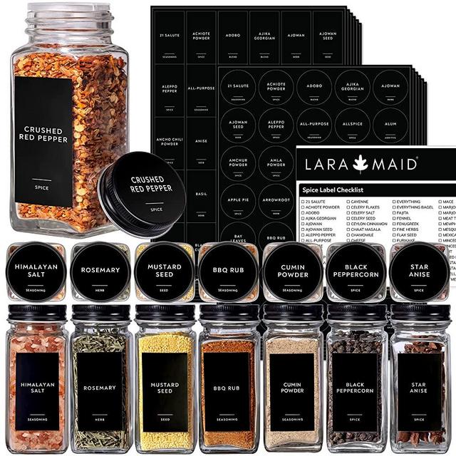 Laramaid 372 Minimalist Spice Jar Label Set, White Text on Black Matte Vinyl Waterproof Label Sticker - Fits on Round, Square and Rectangle Glass Jars - Organize Kitchen and Pantry