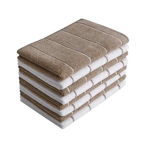 Microfiber Kitchen Towels - Super Absorbent, Soft and Solid Color Dish Towels, 8 Pack (Stripe Designed Brown and White Colors), 26 x 18 Inch