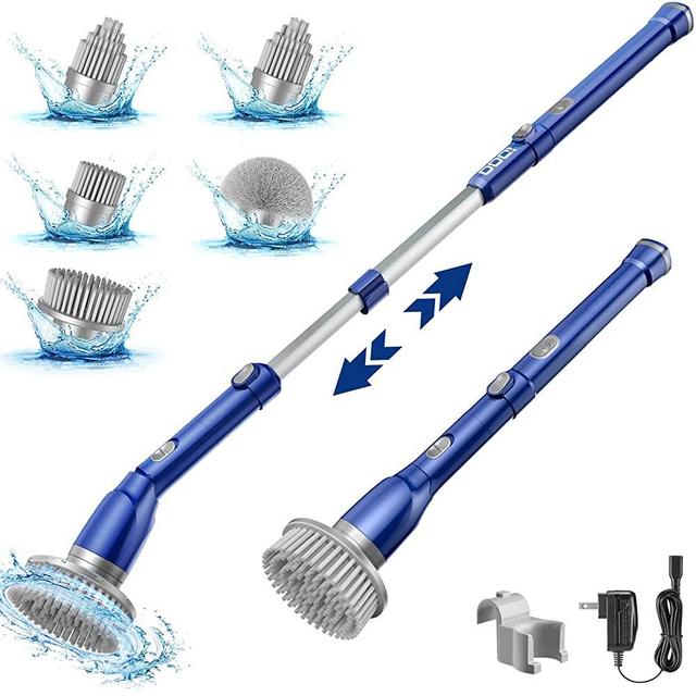 Electric Spin Scrubber, iDOO Shower Scrubber Cleaning Brush with 5 Replaceable Brush Heads, Cordless Power Scrubber with Adjustable Long Handle for Bathroom Shower Tile Grout Tub Floor Pool Car