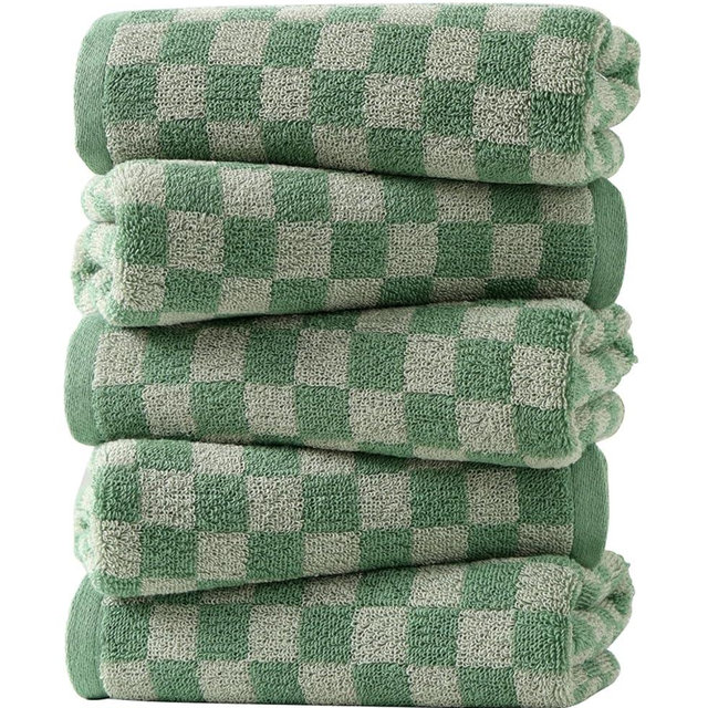 Checkered Towels,5 Pack Hand Towels for Bathroom, Kitchen and Gym, Soft Absorbent and Decorative Cotton Green Towels, 13 x 29 Inches