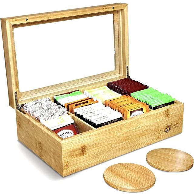 DEOSAI DESIGNS 100% Natural Bamboo Premium Tea Box with 2 Coasters - Wooden Tea Organizer - Tea Bag Organizer Wooden Storage Box - 8 Adjustable Compartments - Clear Lid - Magnet Closure
