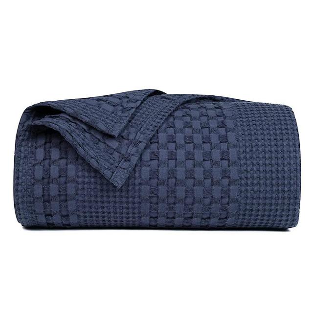 PHF 100% Cotton Waffle Weave Blanket Queen Size - Luxury Decorative Soft Breathable Skin-Friendly Blanket for All Season - Perfect Textured Blanket Layer for Couch Bed Sofa 90"x90" - Nave Blue