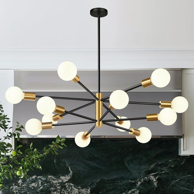 10.9"-52.3" Height Adjustable Modern Chandelier Ceiling Light Fixture, 12-Light Sputnik Chandeliers Brushed Gold and Black Mid Century Chandelier Over Table, Chandeliers for Dining Room Living Room