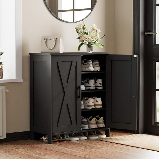 Homleke Farmhouse Shoe Cabinet with 2 Barn Doors & Wood Legs, 5-Tier Shoe Storage Cabinet with 3 Adjustable Shelves, Tall Shoe Rack Organizer for Closet, Shoe Organizer for Entryway, Hallway, Black