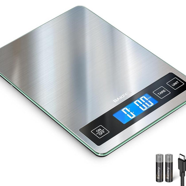 BAKFEE Food Scale, 33lb Digital Kitchen Scale with Stainless Steel & Tempered Glass, USB Rechargeable, 1g / 0.1oz Precise Graduation with Grams and Ounces, for Cooking, Baking, Weight Loss, Meal Prep