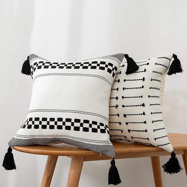 blue page Set of 2 Neutral Black and Cream Geometric Decorative Pillow Covers 18x18 Inch, Modern Accent Boho Cushion Case for Couch Sofa Bed Car, Farmhouse Pillow Cases