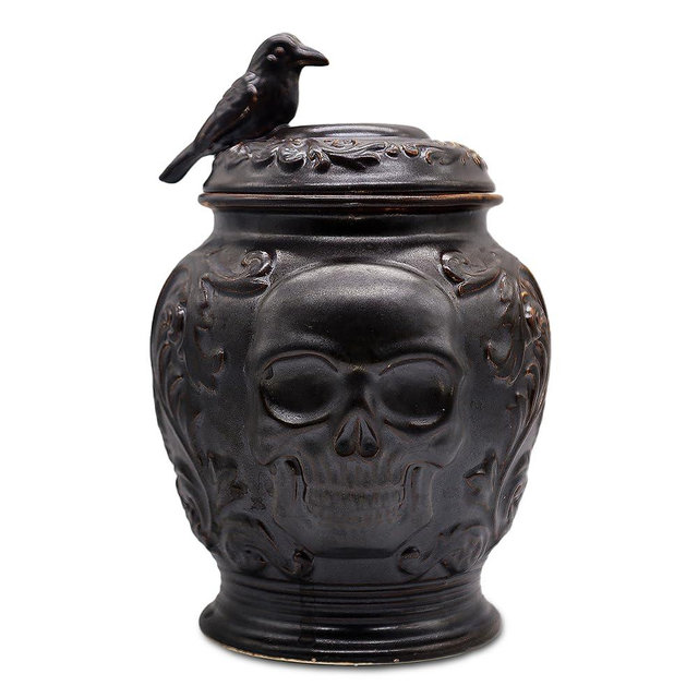 OrnamentallyYou Spooky Urn 8" Cookie Jar, Ceramic Gothic Halloween Kitchen Decoration