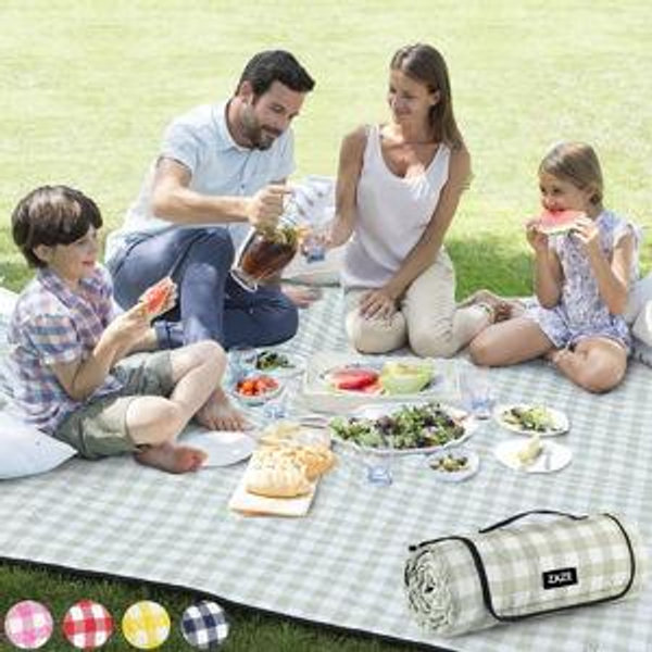 Green & White ZAZE Extra Large Picnic Outdoor Blanket, 80''x80'' Waterproof Foldable Blankets Gingham Picnic Mat for Beach, Camping Grass Lawn Park Accessories Cute Couple Gifts Ideas Wedding Registry