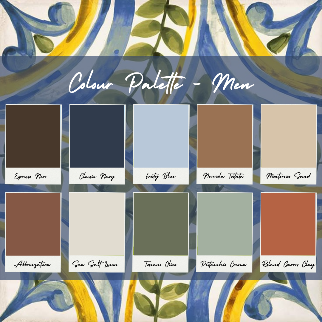 Men - We’ve chosen these 10 hero tones to anchor your outfit; think espresso, clay, sea salt linen, or classic navy. Find the shade that suits your style, and run with it. No black permitted!